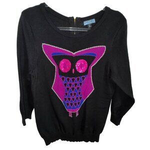 Cynthia Rowley Owl Sweater Medium Black & Pink 100% Cotton Sequin Cute Y2k Stret
